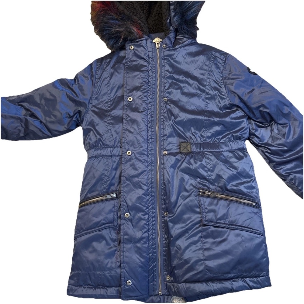 Appaman Girls Blue Shiny Middie Puffer Coat  W/colorful Faux Fur Hood Size 12 - Picture 4 of 17